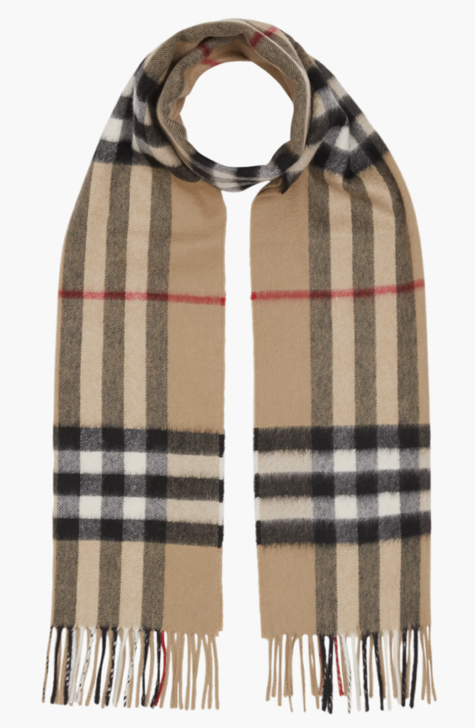 A classic checkered Burberry scarf in beige, black, white, and red hues.